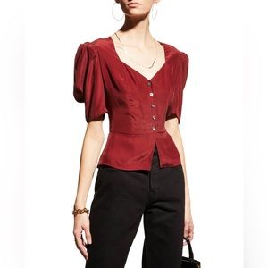 Frame Denim Red V-Neck Puff Sleeve Button Front Blouse